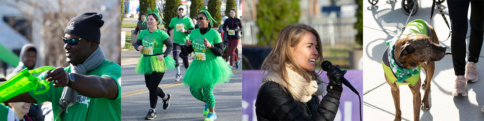 4 photos from the race, of people running and speaking