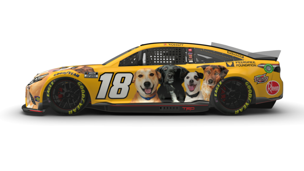 A rendering of a NASCAR car with Pedigree Foundation logos and adoptable dogs